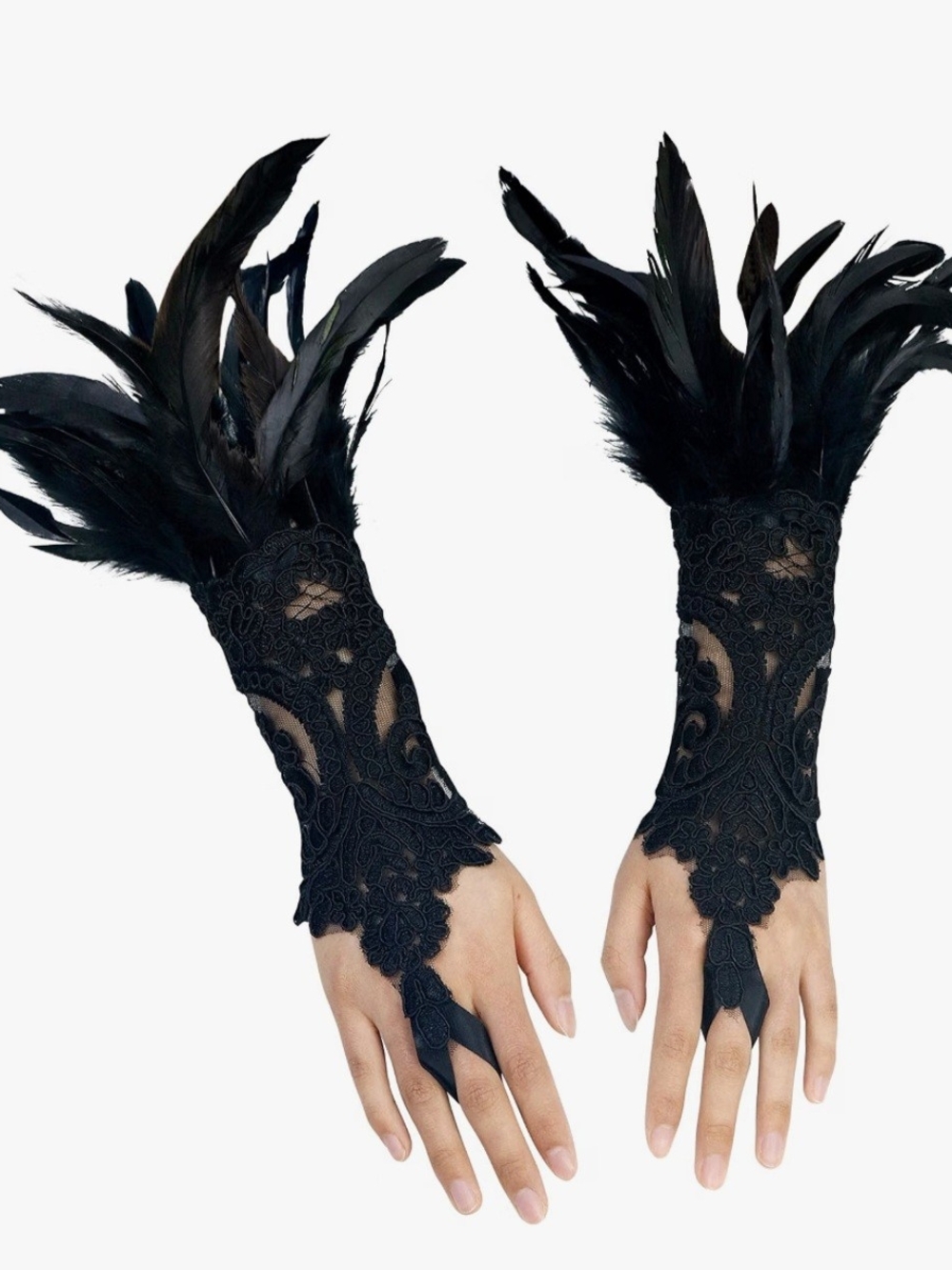 Black Lace Feather Wrist Gloves - Elegant Festival Carnival Showgirl, Worn Once